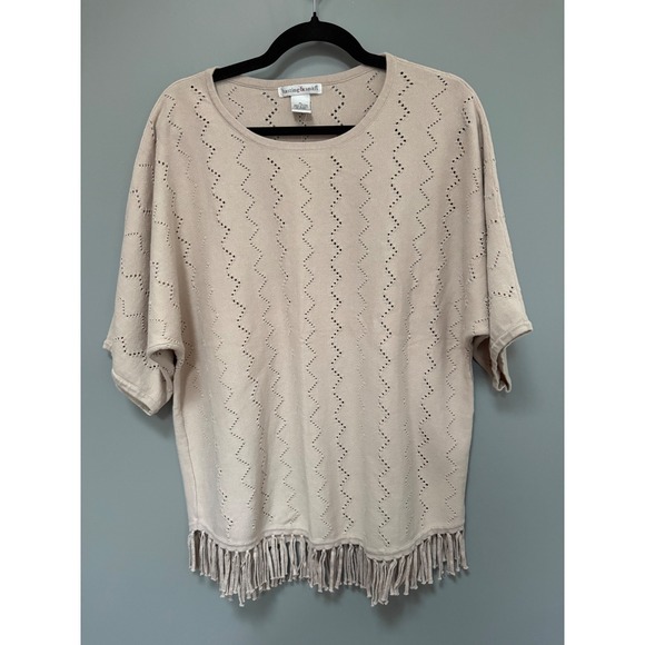 Hasting & Smith Sweaters - Hasting & Smith Beige Pointelle Knit Fringe Hem Top XL Cotton Boho Short Sleeve